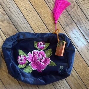 Navy Cosmetic Bag with Pink Floral Embroidery